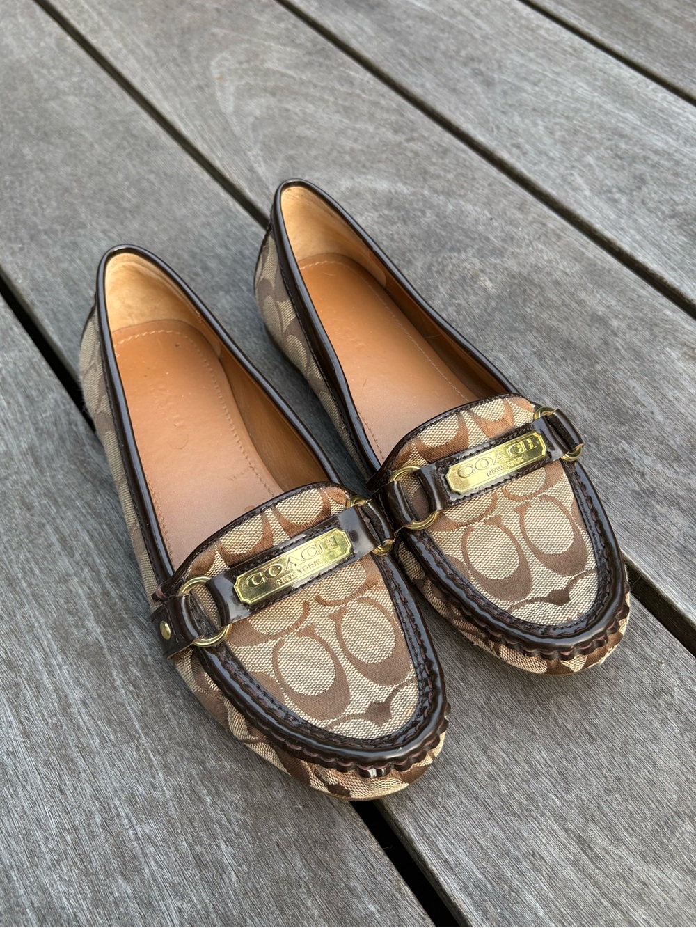 Coach Brown Signature Jacquard Loafers Flats with Gold Hardware